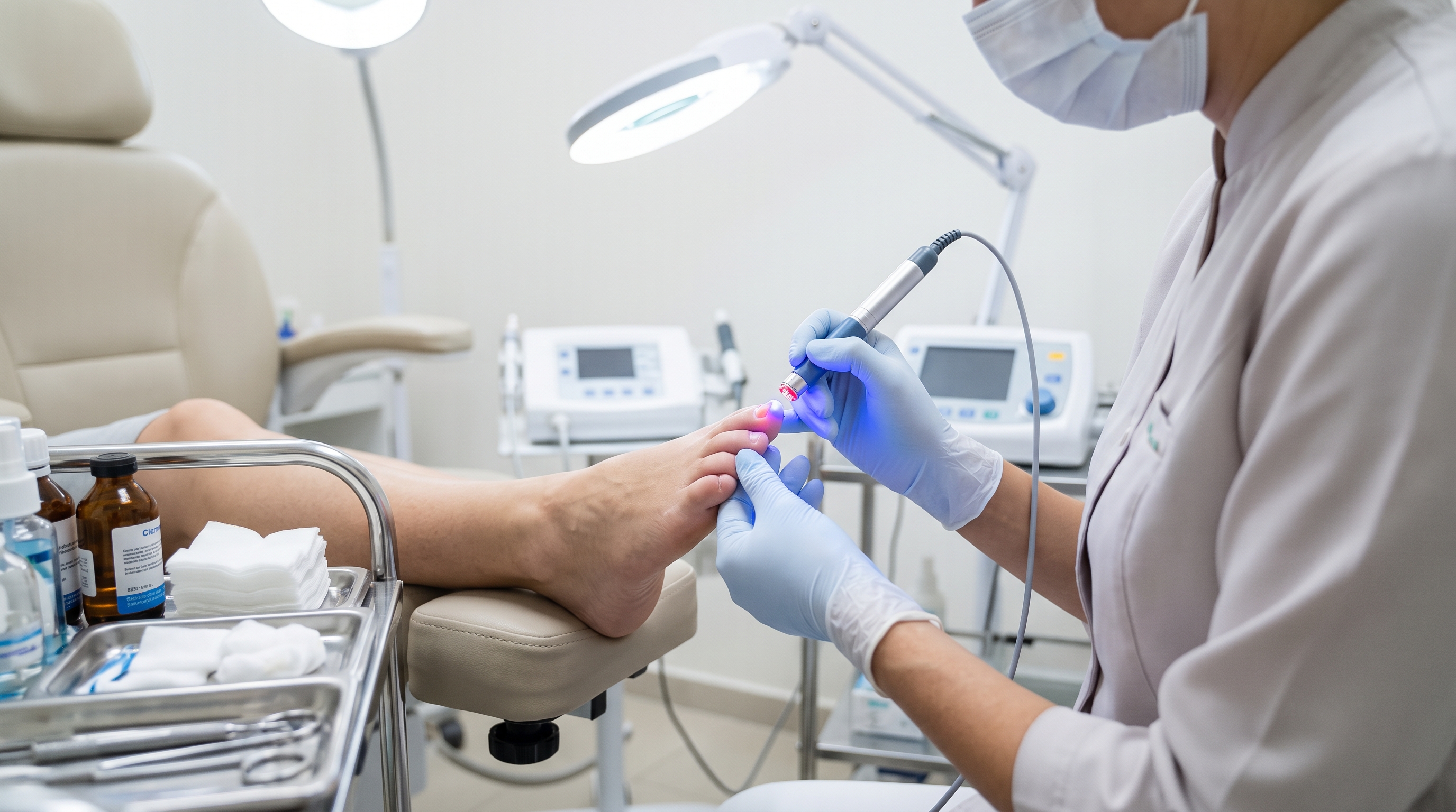 Aplicação de laser em atendimento podológico